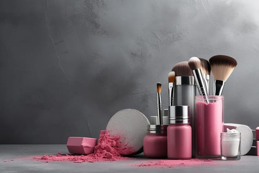 Assorted makeup products and brushes on grey background.
