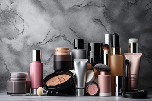 Assorted makeup products against a marble backdrop.