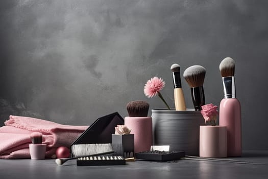 Assorted makeup tools and products arranged elegantly against a dark background.