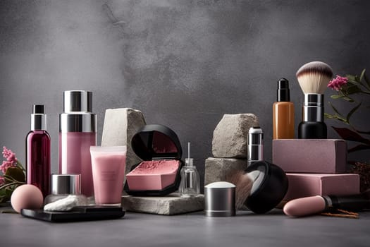 Assorted skincare and cosmetic products elegantly displayed on stone platforms with a neutral background.