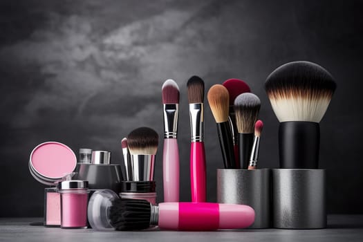 Assortment of cosmetic brushes and makeup on a dark background.