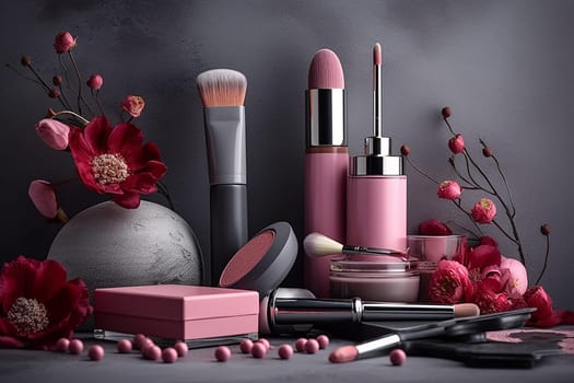 Cosmetic products surrounded by vibrant faux flowers.