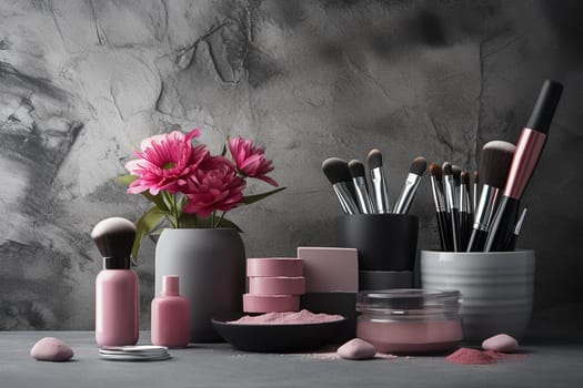 Elegant makeup and skincare products displayed with vibrant pink flowers.