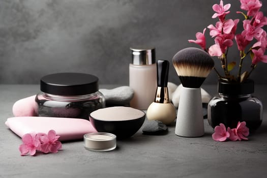 Assorted beauty products with brushes and pink flowers on grey background