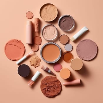 Assortment of cosmetics on a beige background, various textures and shades.