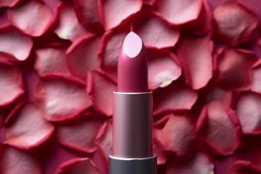 A close-up view of a pink lipstick with rose petals background.