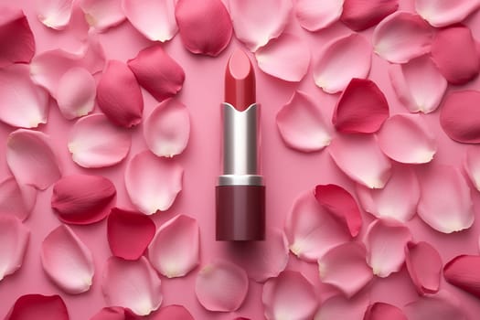 Red lipstick surrounded by scattered pink rose petals