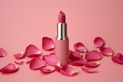 Pink lipstick amidst scattered rose petals on a pink background