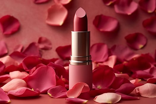 Elegant lipstick surrounded by scattered rose petals