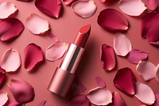 A rose-tinted lipstick surrounded by scattered pink rose petals.