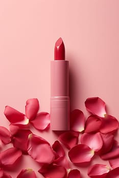 Pink lipstick surrounded by rose petals on a pastel background.