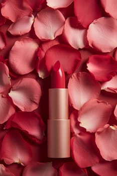 A red lipstick surrounded by rose petals on a pink background.