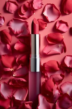 Pink lipstick surrounded by rose petals against a monochromatic background.