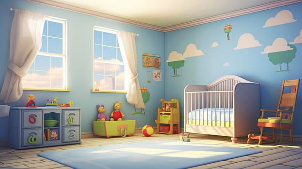Cozy children's room with furniture, bedroom. Spacious and safe children's room with bed, table and toys. Generative AI