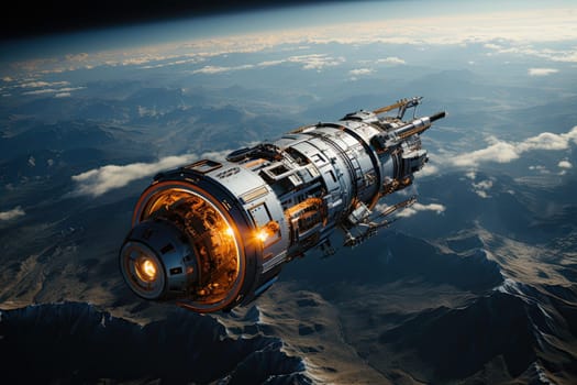 large spaceship in space in orbit against the background of the earth, Cinematic Still, Future concept, Generative AI.