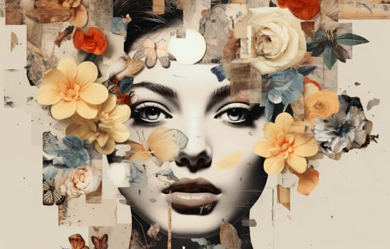 Abstract art portrait of young woman with flowers decoration comeliness