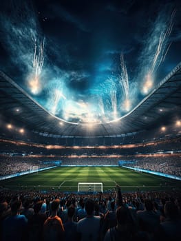 Back view of a soccer game, soccer fans cheering for their team in a crowded stadium at night. Soccer fans celebrating a victory in the stadium. Sports concept, generative AI