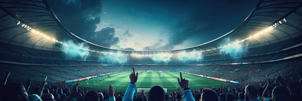 Back view of a soccer game, soccer fans cheering for their team in a crowded stadium at night. Soccer fans celebrating a victory in the stadium. Sports concept, generative AI