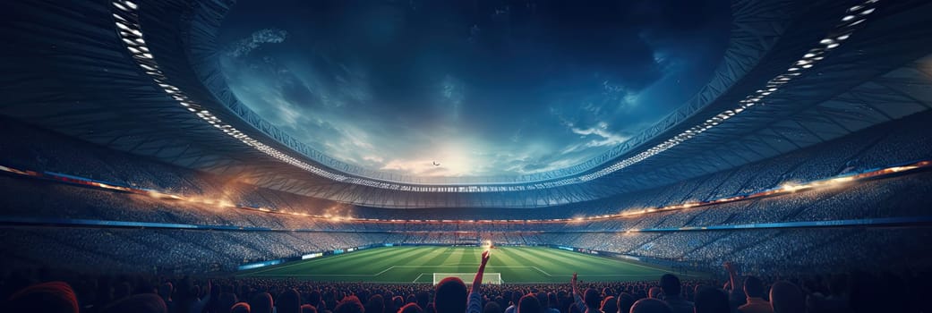 Back view of a soccer game, soccer fans cheering for their team in a crowded stadium at night. Soccer fans celebrating a victory in the stadium. Sports concept, generative AI