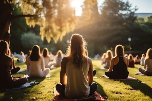 Rear view of women doing yoga in a park on the grass.