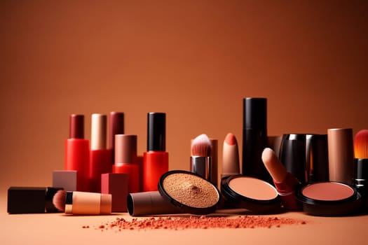 Assortment of cosmetics, makeup tools, and beauty products on a brown background.