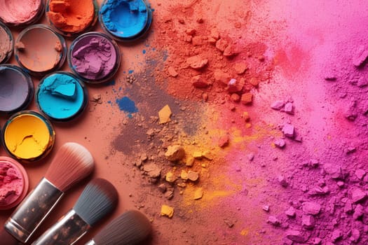 Assorted colorful makeup powder and brushes.