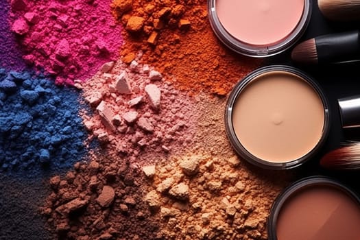Various colorful cosmetic powders with brushes for makeup application.