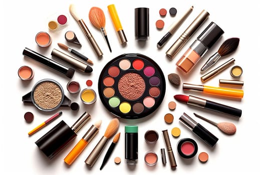Assorted cosmetics and makeup tools arranged neatly.