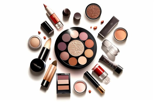 Various cosmetics neatly spread out against a white backdrop.