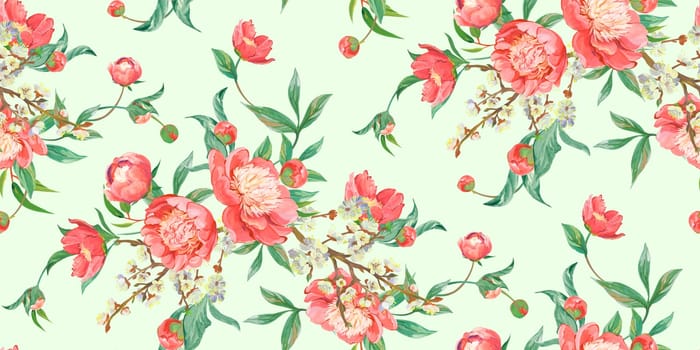 Seamless Asian oriental classical ornament realistic pattern drawn with pink peonies in a classic oriental style