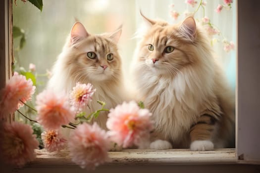 Fluffy White Kitty Relaxing in Beautiful Domestic Environment with Green Plant Background