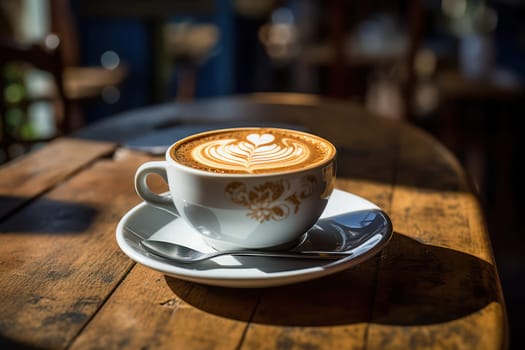 Aromatic Morning Sip: Cappuccino, Latte, and Espresso Conversations on a Wooden Table in a Rustic Cafe