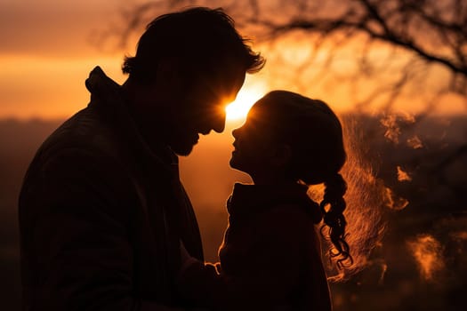 Silhouette of a little girl and dad against a sunset background.