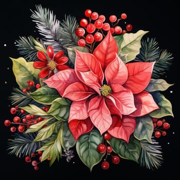 Festive Christmas Poinsettia: A Red Winter Holiday Flower Celebration on a Decorative Green Leaf Background
