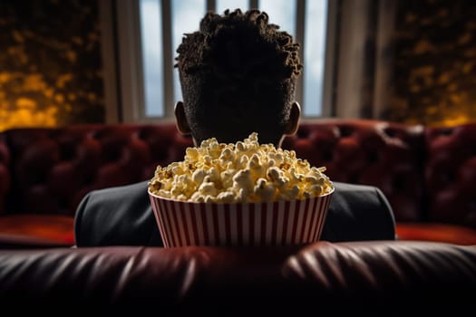 A man with a huge bowl of popcorn looks out the window.