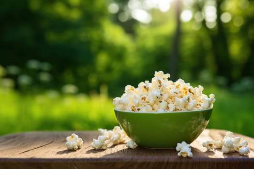 Popcorn in a striped bowl on the table against a green bokeh background.
