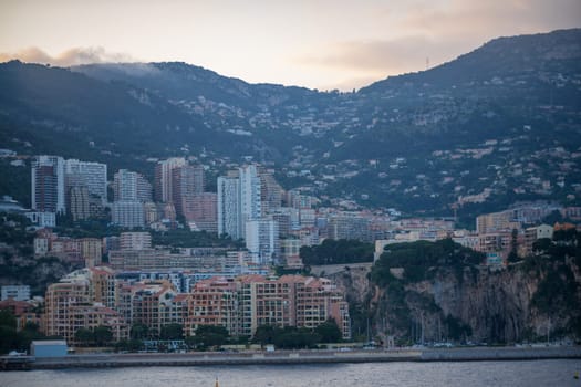 Panoramic view of Monte Carlo marina and cityscape. Principality of Monaco, French Riviera