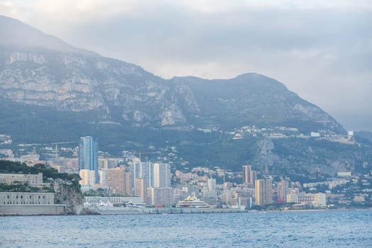 Panoramic view of Monte Carlo marina and cityscape. Principality of Monaco, French Riviera