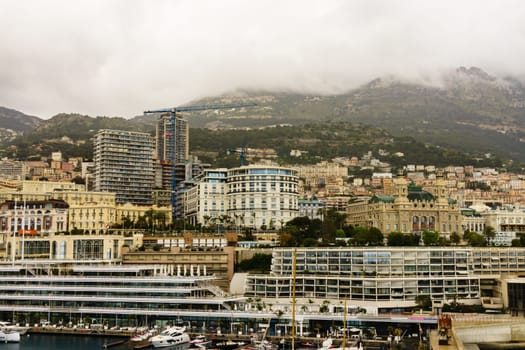 Panoramic view of Monte Carlo marina and cityscape. Principality of Monaco, French Riviera