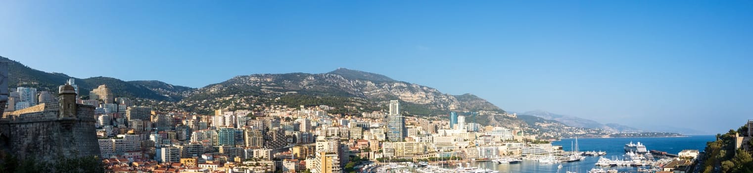 Panoramic view of Monte Carlo marina and cityscape. Principality of Monaco, French Riviera