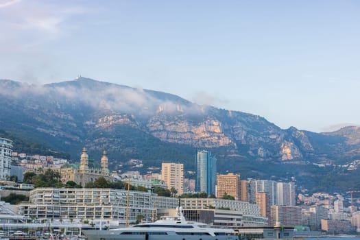 Panoramic view of Monte Carlo marina and cityscape. Principality of Monaco, French Riviera