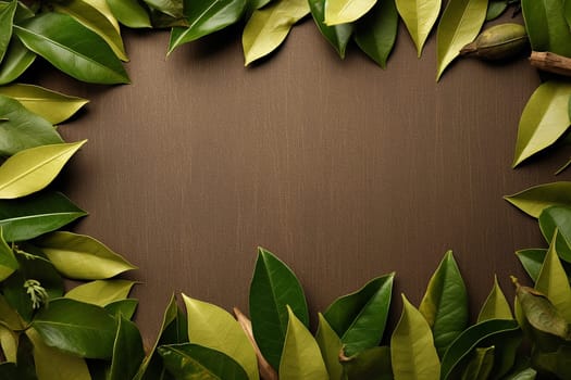 Green leaves bordering a textured brown background.