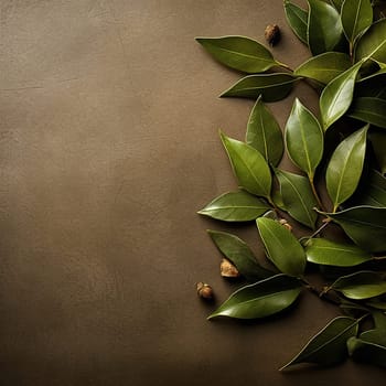 Green leaves and seeds arranged on a textured brown background.