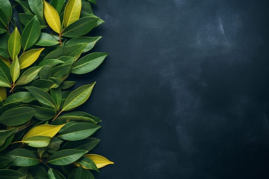 Green and yellow leaves on dark background, space for text.