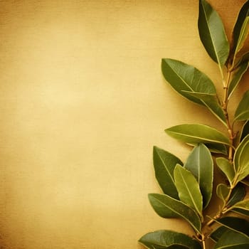 Green leaves on textured beige background with copy space
