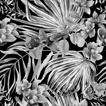 Seamless botanical monochrome black and white pattern with watercolor flowers and palm leaves. Drawing for textiles