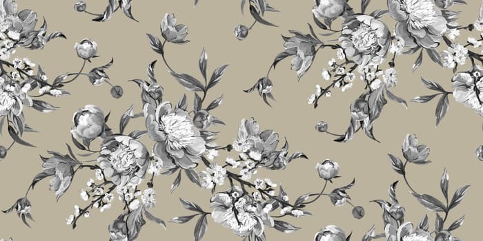 Seamless realistic pattern drawn with pink peonies in a classic oriental style