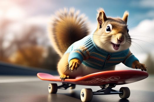 A funny squirrel in a sweater flies on a skateboard