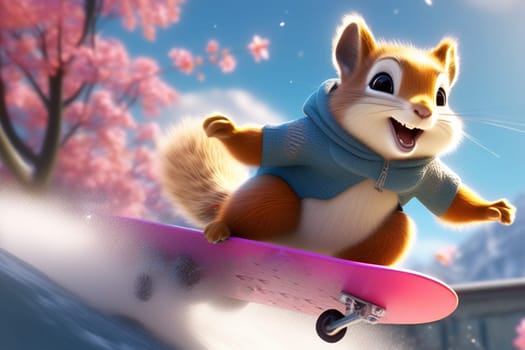 A funny squirrel in a sweater flies on a skateboard