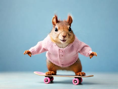 A funny squirrel in a sweater flies on a skateboard